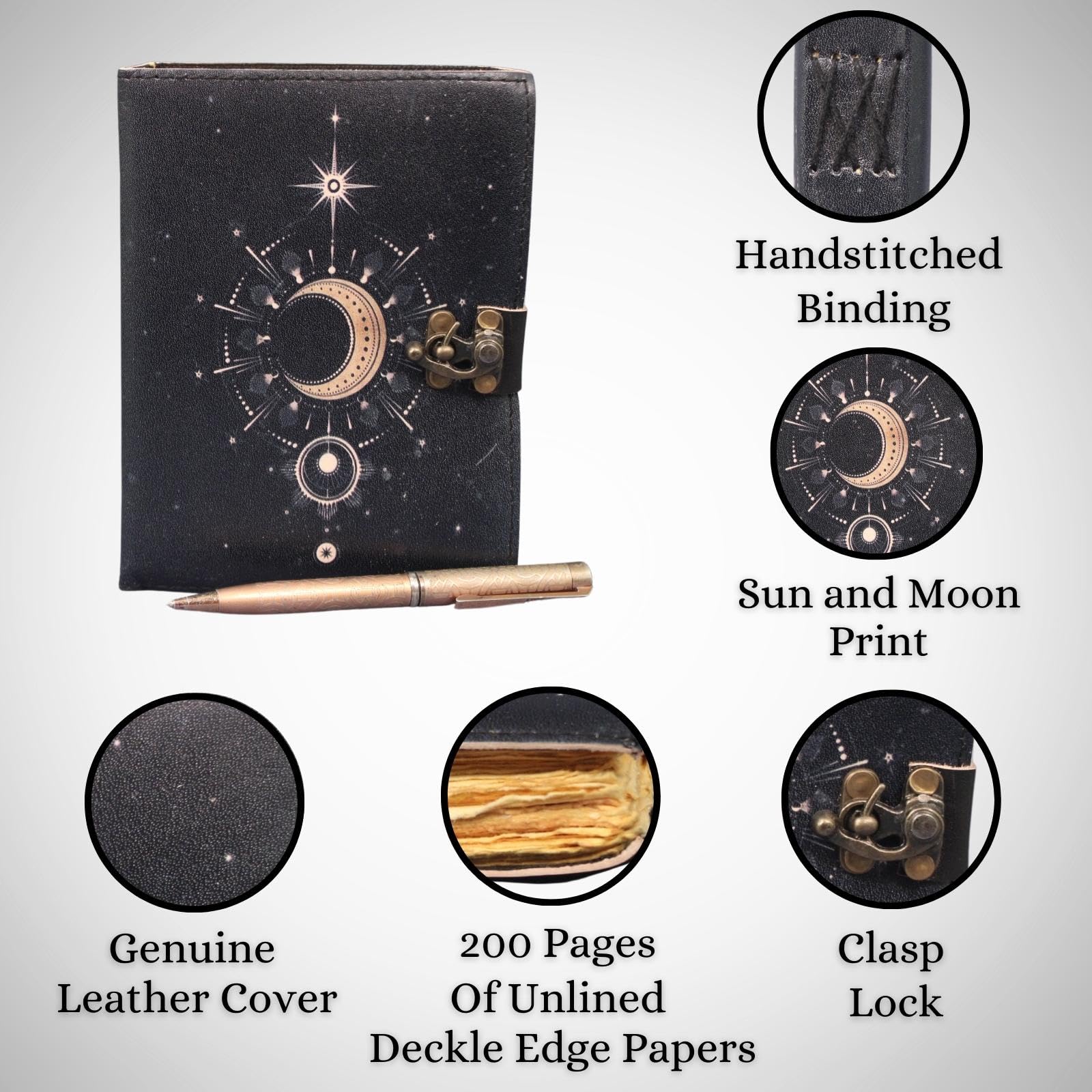 Celestial UV Print Genuine Leather Bound Grimoire Journal Black Cover Diary Book